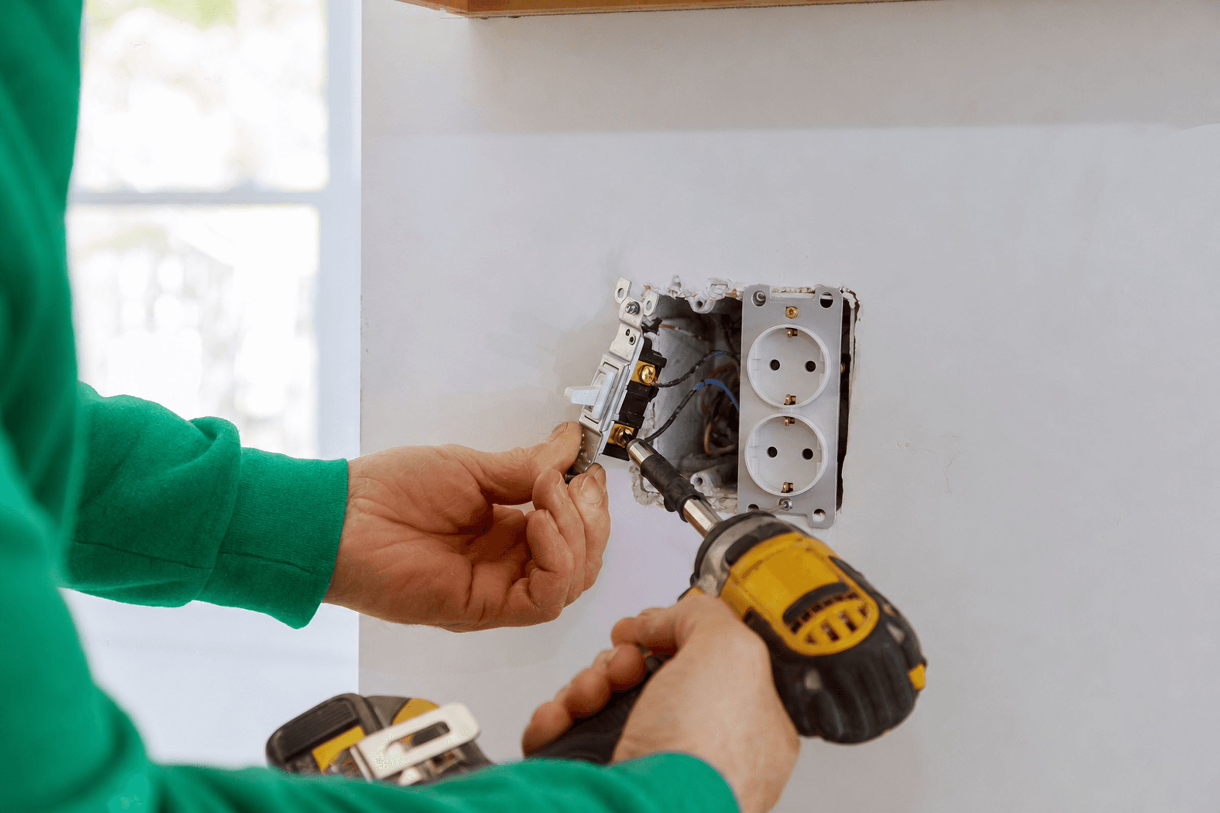 Une personne munie d’une perceuse installe un interrupteur à côté d’une prise électrique.